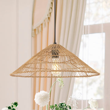 Nova 20.25" Farmhouse Coastal Rattan 180" Cord Plug-In or Hardwired LED Pendant - JONATHAN Y